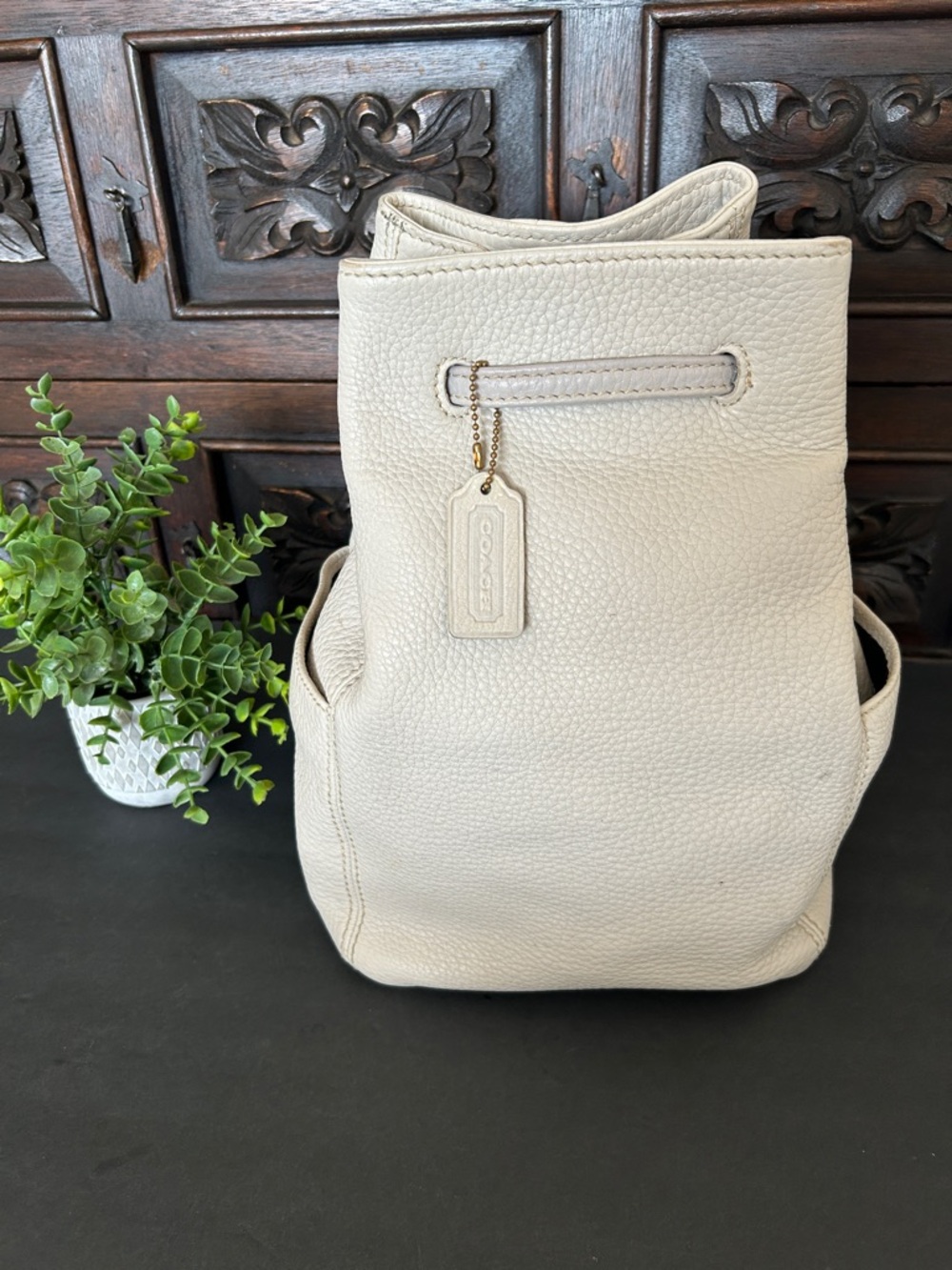 Vintage Coach Bixby  Elegant Cream Pebbled Leather Backpack